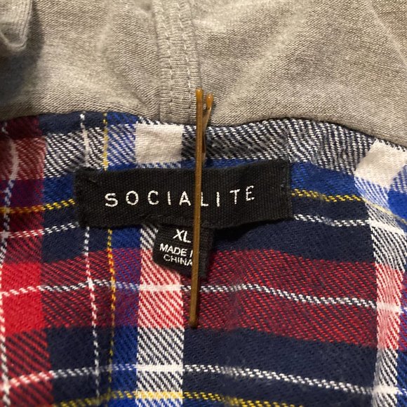 Socialite Red and Blue Plaid Flannel Button Down with Grey Hoodie - Picture 7 of 9